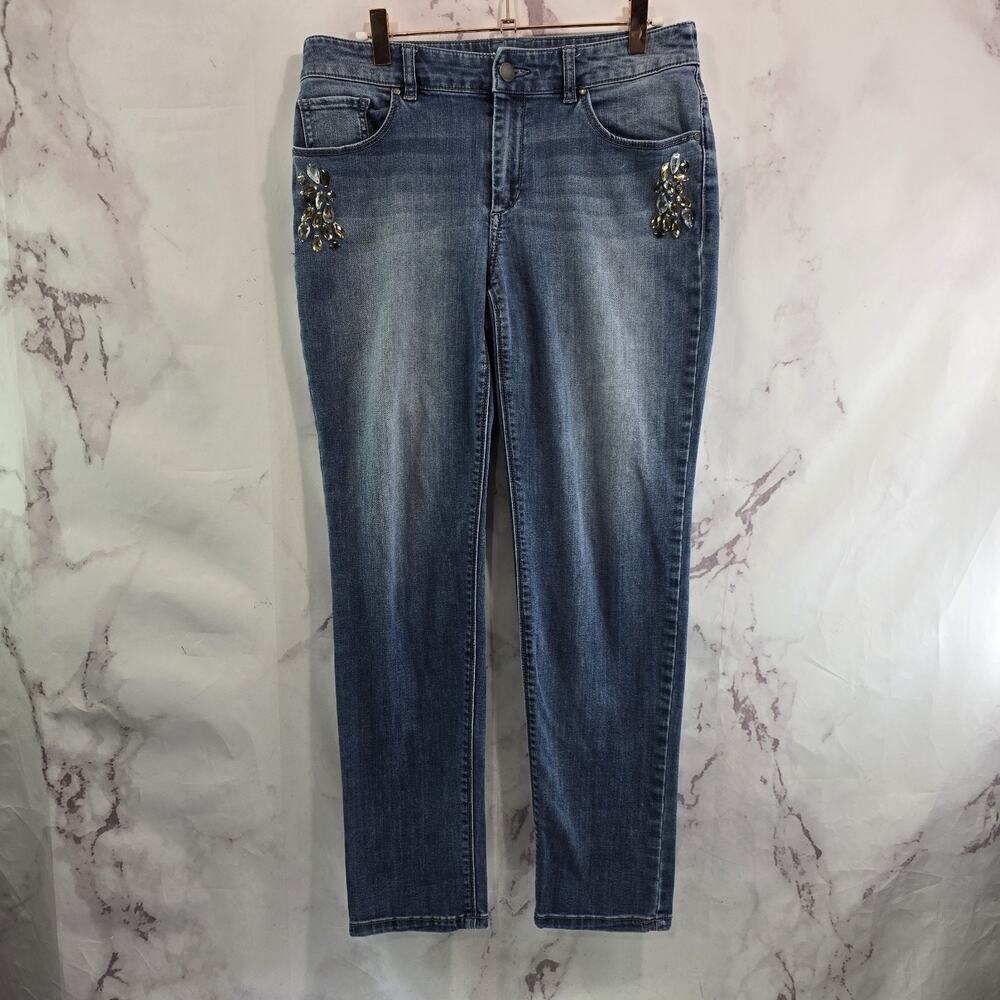 Chicos Jeans Women 00 2 Denim Bejeweled Gem Ultimate Fit High Rise Crop Platinum